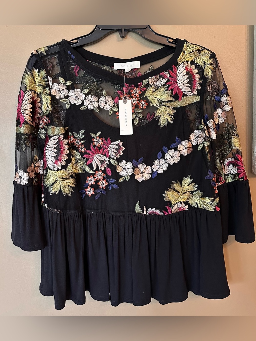 NWT Anthropologie Eri + Ali Ornate Embroidery Floral Mesh Peplum Top XS